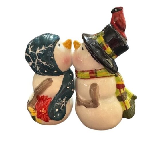 Ceramic Snowman Couple Salt & Pepper Shaker Set With Festive Details - Picture 1 of 16